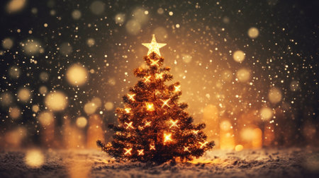 Christmas tree background with festive gold blurred lightの素材