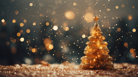 Christmas tree background with festive gold blurred lightの素材