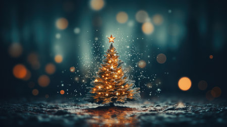Christmas tree background with festive gold blurred lightの素材