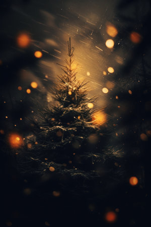 Christmas tree background with festive gold blurred lightの素材