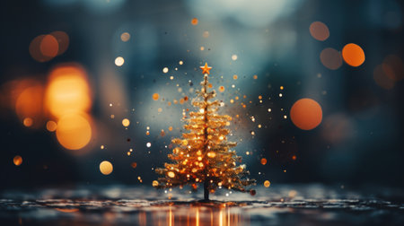 Christmas tree background with festive gold blurred lightの素材