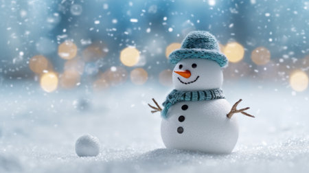 Happy snowman standing in Christmas landscape. Snow background. Winter fairytaleの素材