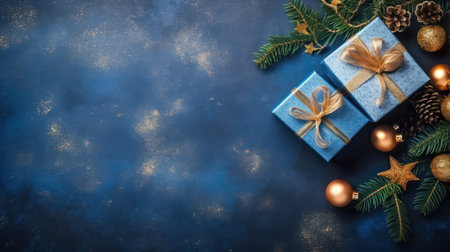 Christmas festive blue background with Gift Boxes And Fir Branches On Blue Background, top viewの素材