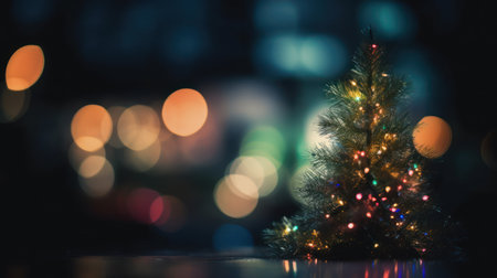 Christmas tree background with festive gold blurred lightの素材