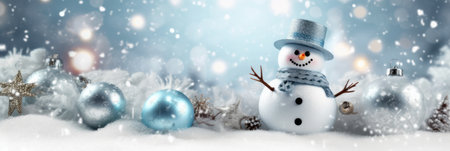 Happy snowman standing in Christmas landscape. Snow background. Winter fairytaleの素材