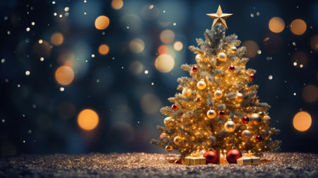 Christmas tree background with festive gold blurred lightの素材