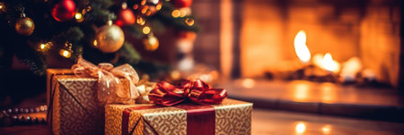 Christmas festive blur background. Magic glowing tree, fireplace, giftsの素材