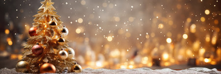 Christmas tree background with festive gold blurred lightの素材