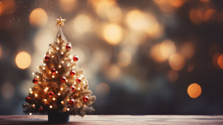 Christmas tree background with festive gold blurred lightの素材