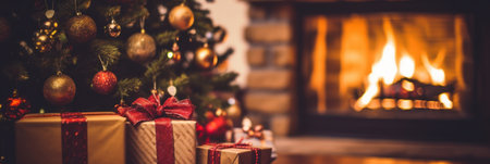 Christmas festive blur background. Magic glowing tree, fireplace, giftsの素材