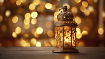 Christmas lantern on table on gold blur backgroundの素材