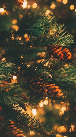 Christmas tree close up. Texture lights bokehの素材
