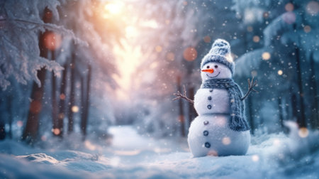Happy snowman standing in Christmas landscape. Snow background. Winter fairytaleの素材