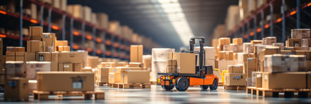 Retail warehouse with goods in boxes, with pallets and forklifts. Product distribution centerの素材