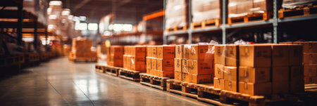 Retail warehouse with goods in boxes, with pallets and forklifts. Product distribution centerの素材