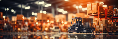 Retail warehouse with goods in boxes, with pallets and forklifts. Product distribution centerの素材