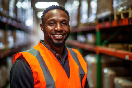 Portrait of warehouse male worker standing in large warehouse distribution centerの素材