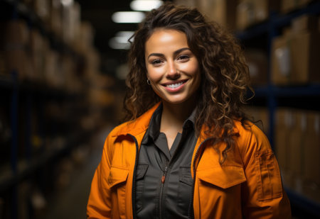 Portrait of cute warehouse female worker standing in large warehouse distribution centerの素材