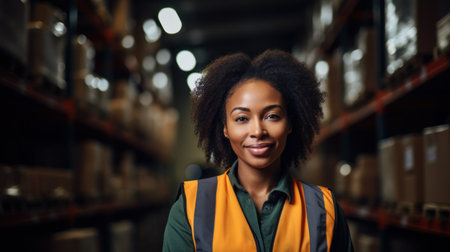 Portrait of cute warehouse female worker standing in large warehouse distribution centerの素材