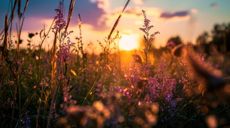 Beautiful natural landscape with a beautiful sunset over a field of purple wild grass and flowersの素材