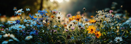 Beautiful field meadow flowers chamomile, blue sky with clouds, nature landscapeの素材