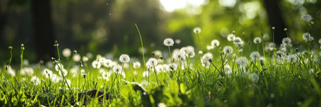 Beautiful field meadow flowers chamomile, blue sky with clouds, nature landscapeの素材