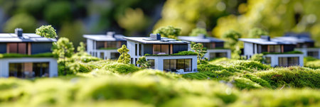 Green and environmentally friendly housing concept. Miniature house in spring grass, mossの素材