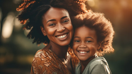 Mother's day. African American mother and daughter smiling happilyの素材