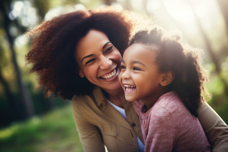Mother's day. African American mother and daughter smiling happilyの素材