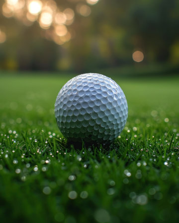 Close up of a golf ball on the green grass. Bannerの素材