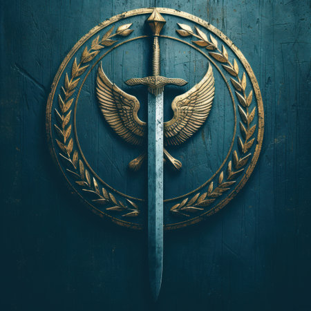 Golden Emblem with Sword and Wings on Dark Woodの素材