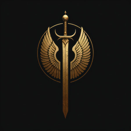 Golden Winged Sword Emblem on Black Backgroundの素材