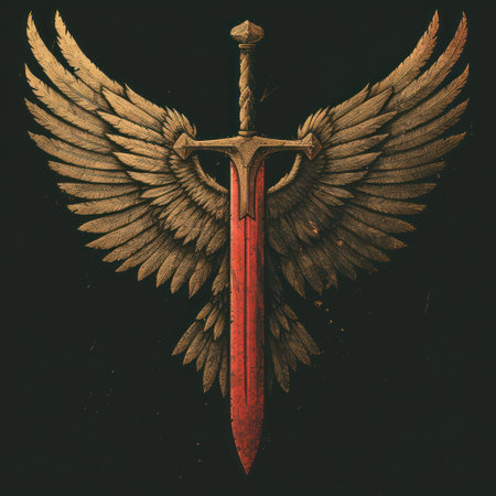A winged sword on a dark backgroundの素材