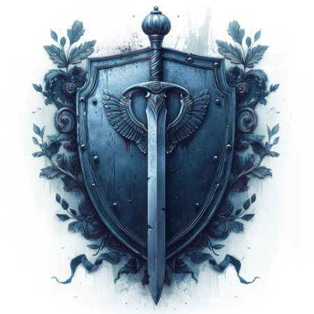A metallic shield and sword with artistic designsの素材