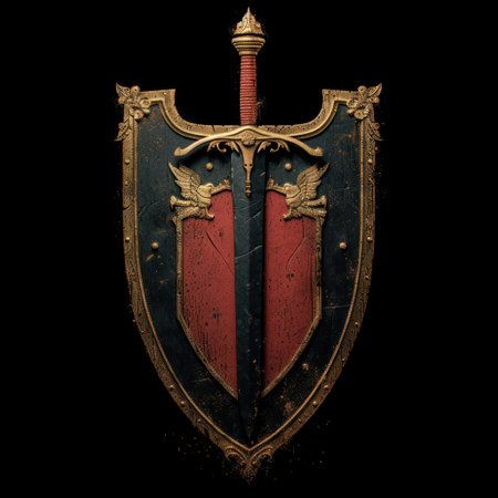 A medieval shield and sword, adorned with golden detailsの素材