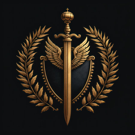 Golden sword and wings emblem on black backgroundの素材