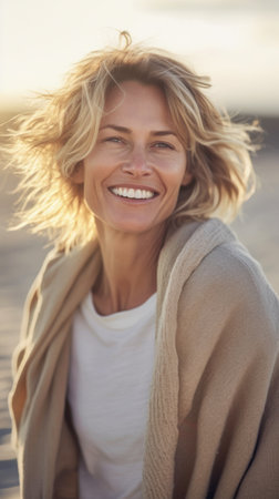 Joyful woman with wind-tousled hair on a beach at sunsetの素材