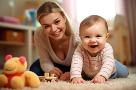 Mother and baby playing happily on the floorの素材
