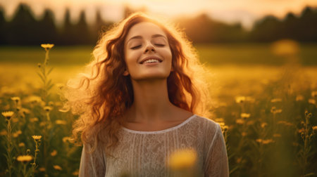 Woman reveling in the joy of a sunlit flower fieldの素材