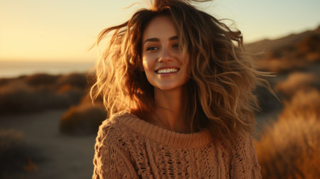 Happy woman with tousled hair in knit sweaterの素材