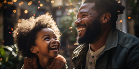 Laughing father and daughter with festive lightsの素材
