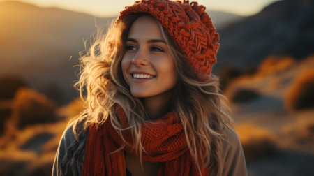Content woman in orange beanie and scarfの素材