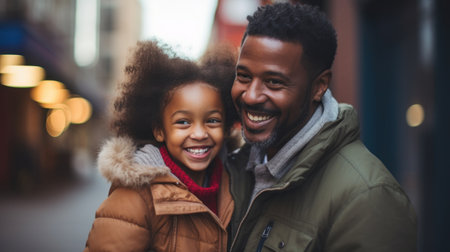 Warm Embrace on a City Street. Father and daughterの素材