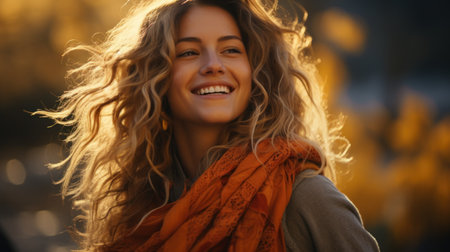 Beaming woman with voluminous hair in autumnの素材