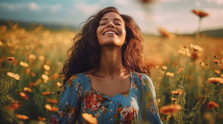 Blissful Woman in a Field of Golden Flowersの素材