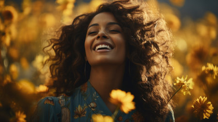 Joyful Woman Amongst Golden Flowersの素材