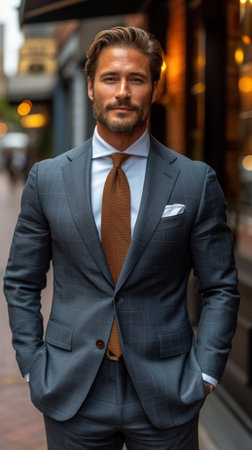 Confident Businessman in Plaid Suit on City Streetの素材