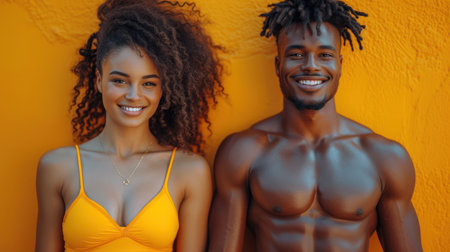 Summer Radiance: Couple with Joyful Smiles Against Yellow Backgroundの素材