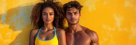 Sunny Beauty: A Couple Against a Yellow Wallの素材