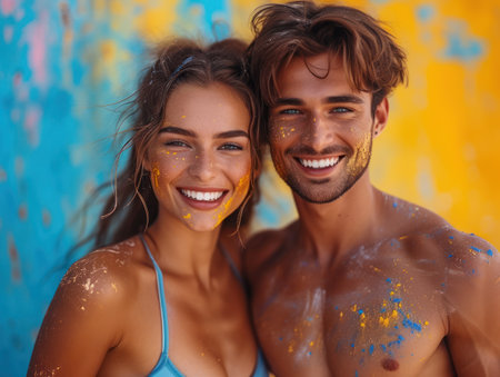 Colorful Celebration: Joyful Couple with Festive Paint Splattersの素材